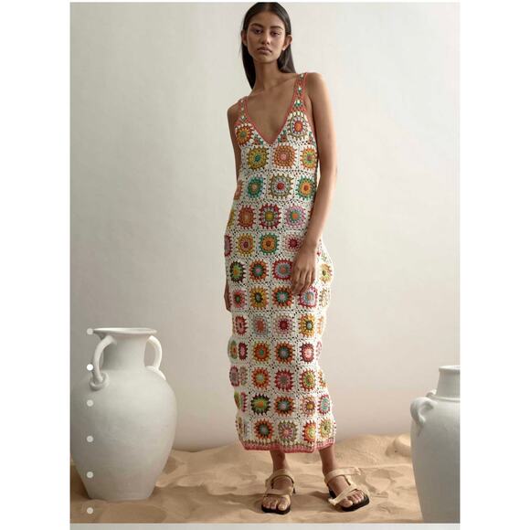 Alemais Crochet Maxi Dress 6 Granny Square Women's Resort Pool Beach - Picture 2 of 12